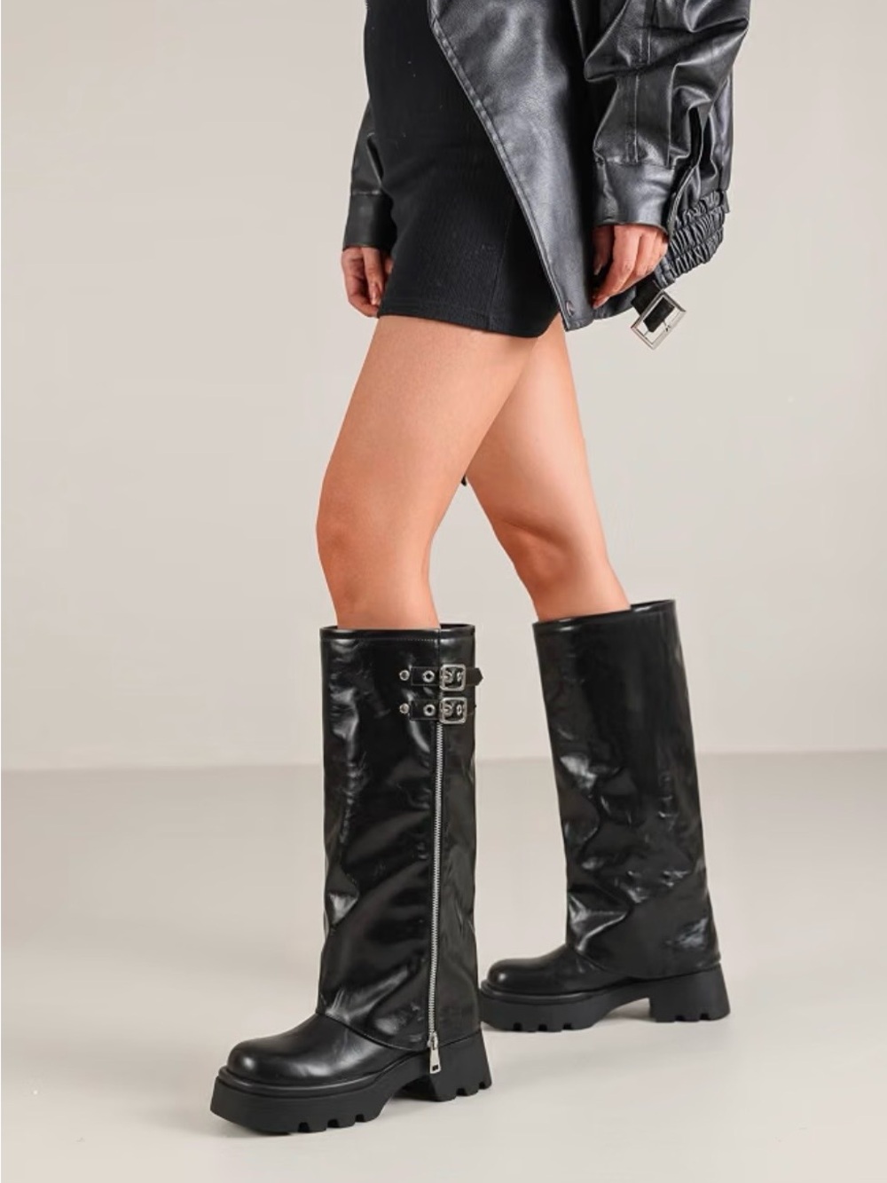 Brand New! Black Women's Knee-High Platform Zipper Biker Boots (Various Sizes)